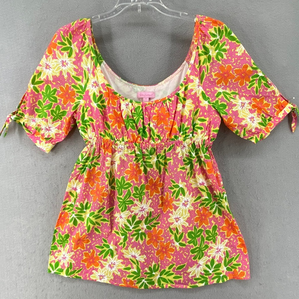 Lilly Pulitzer Shirt Sz 6 Amaya Floral Print Top Tie Sleeve Scoop Neck Babydoll